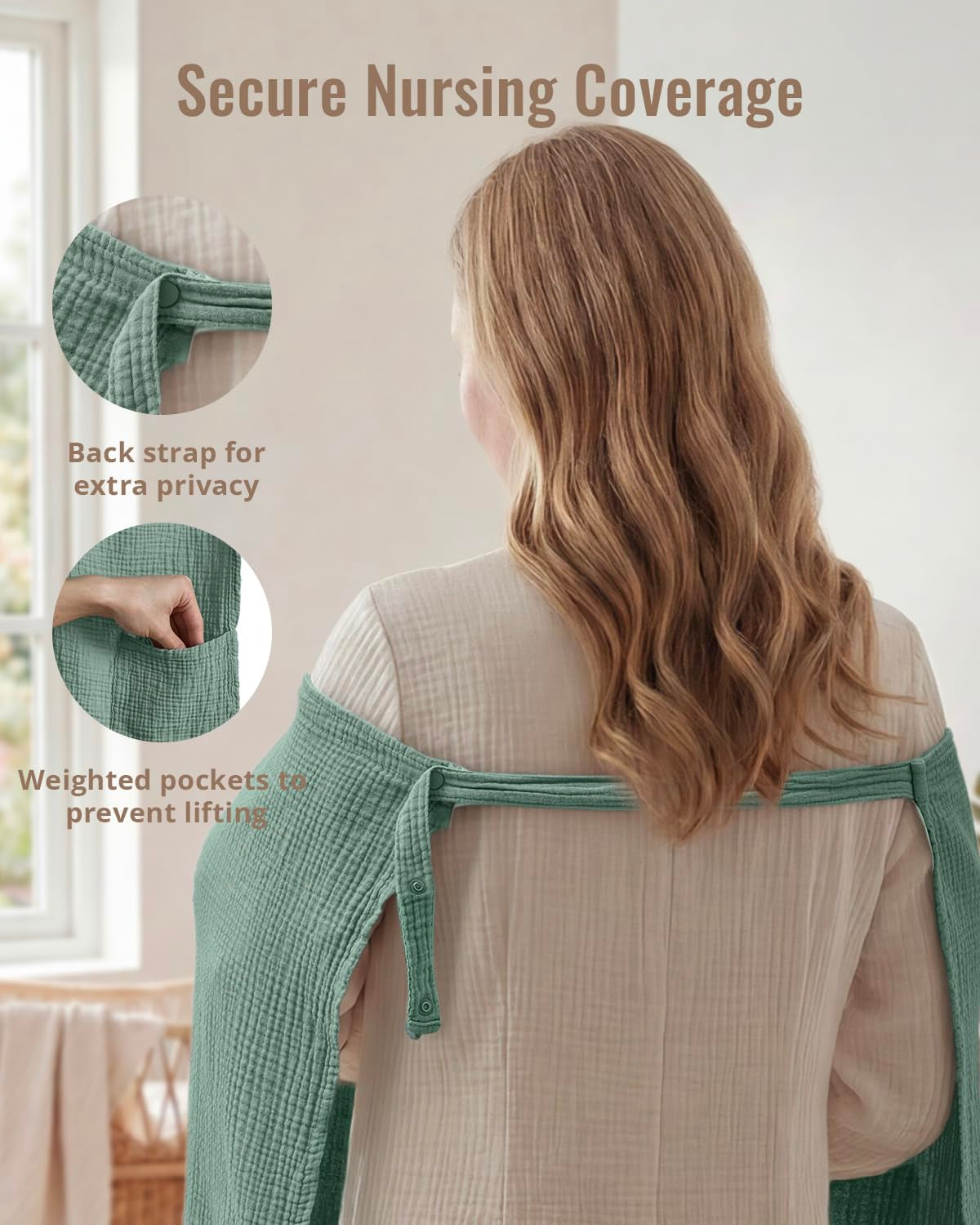 Muslin Nursing Cover for Breastfeeding, Breathable Breastfeeding Cover up with Arch Neckline for Women, Nursing Apron (Roman Green)