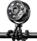 Mini Portable Pram Fan, Rechargeable Clip on Fan for Stroller, Digital Display & Night Light, 4 Speeds, 360° Rotate Flexible Tripod Cooling for Buggy, Pushchair, Car Seat, Travel (Black)