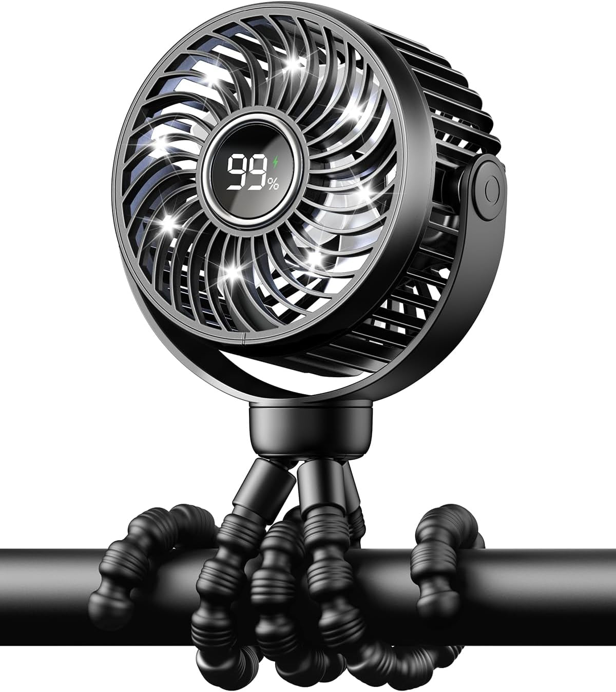 Mini Portable Pram Fan, Rechargeable Clip on Fan for Stroller, Digital Display & Night Light, 4 Speeds, 360° Rotate Flexible Tripod Cooling for Buggy, Pushchair, Car Seat, Travel (Black)