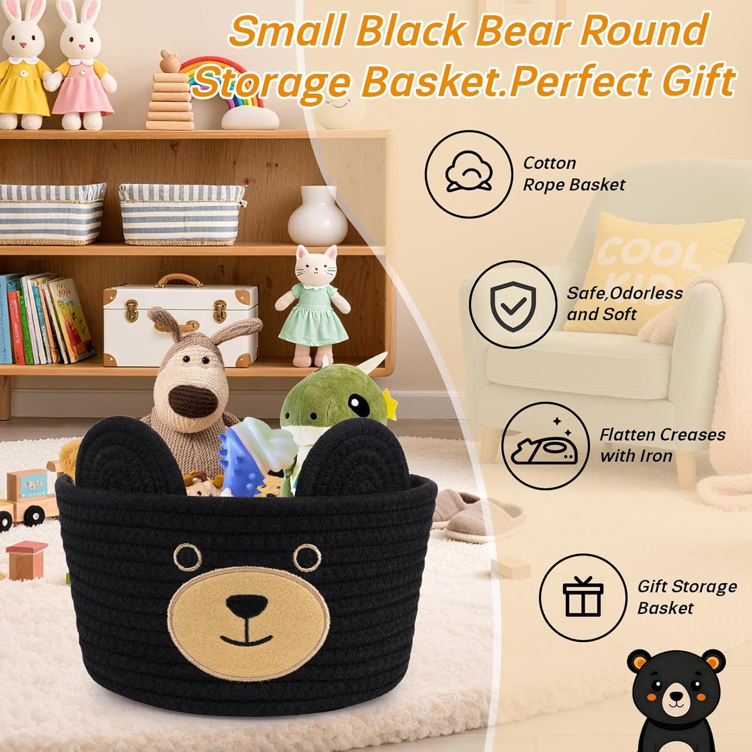 Cute Black Bear Basket for Nursery- Small Animal Gift Basket,Soft Woven Rope Cotton Storage, Shower Baby Towel 0Rganizer with Bear Ears, Candy Blanket Towel Decor Storage Bin, 8.2"D X 4.7"H IN