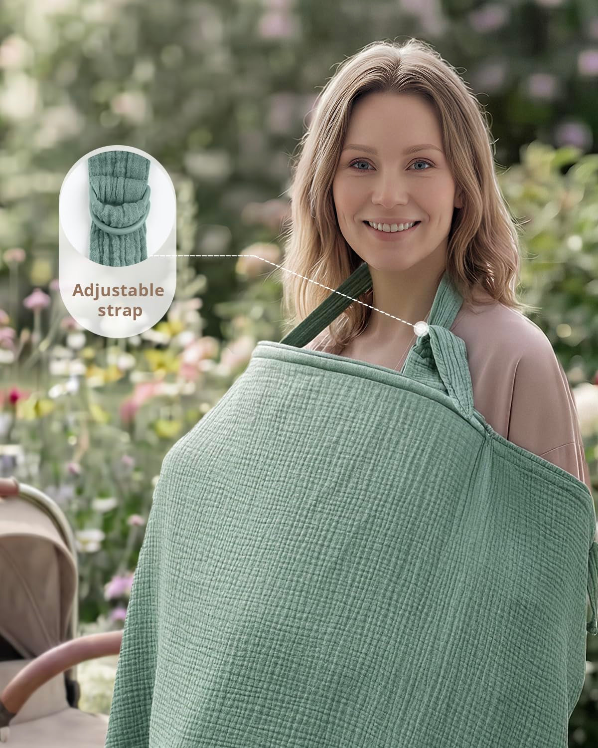 Muslin Nursing Cover for Breastfeeding, Breathable Breastfeeding Cover up with Arch Neckline for Women, Nursing Apron (Roman Green)