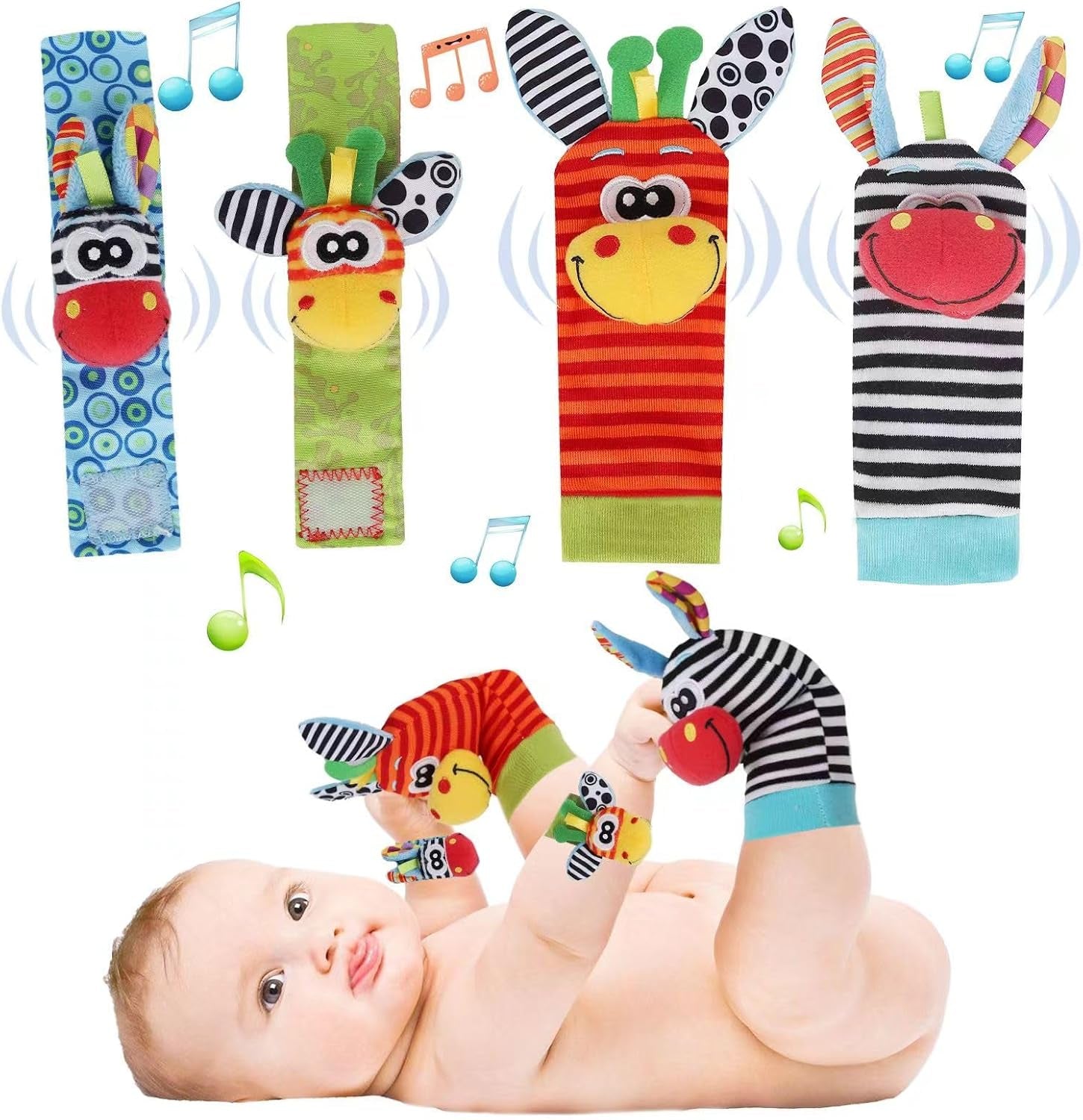 Cute Animal Wrist Rattles & Foot Finder Socks for Babis Soft Baby Arm Hand Bracelet Wristband Rattle Feet Leg Ankle Socks Newborn Toys for Baby Girls Boys 0-3 3-6 6-9 9-12 12-36 Months