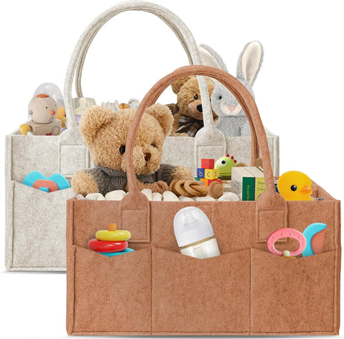 2-Pack Diaper Caddy Organizer - Nursery Storage Bin & Car Organizer for Diapers, Wipes, and Baby Essentials - Dual-Color Solid Set (Caramel/Oatmeal), Regular Size
