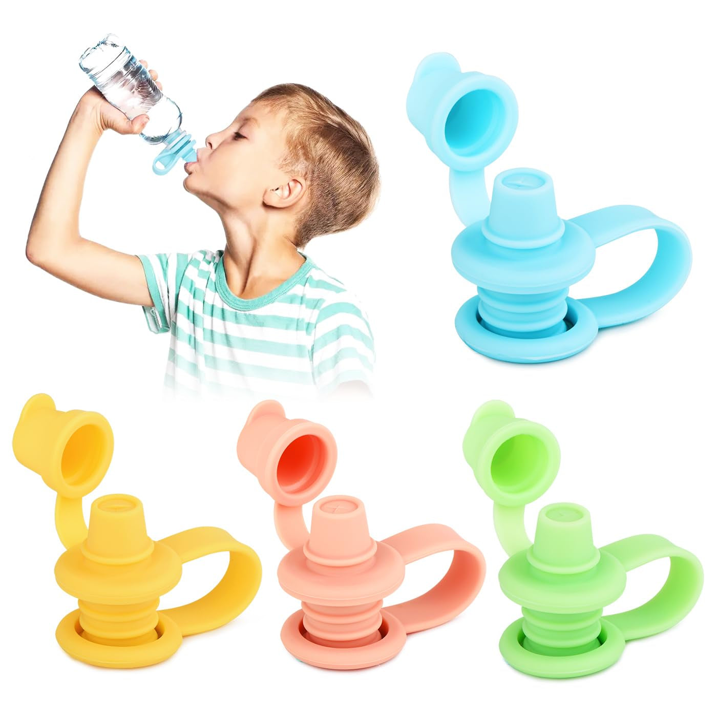 Water Bottle Spout Adapter for Toddlers, 4 Pack No Spill Water Bottle Topper, Bpa-Free Silicone, Leakproof, Reusable & Easy-To-Use, Travel Toddler Essentials