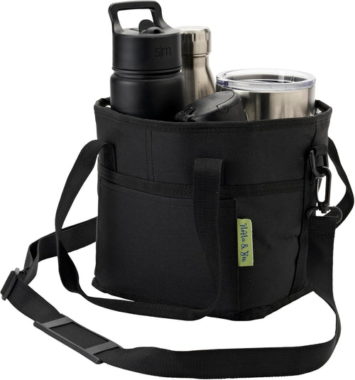 4 Water Bottle Holder with Strap | Family Size 4 Compartment Drink Bag, Multiple Tumbler Carrier Caddy | Adjustable Fits Large & Small Drinks | Hands Free, Won'T Tip over in Car