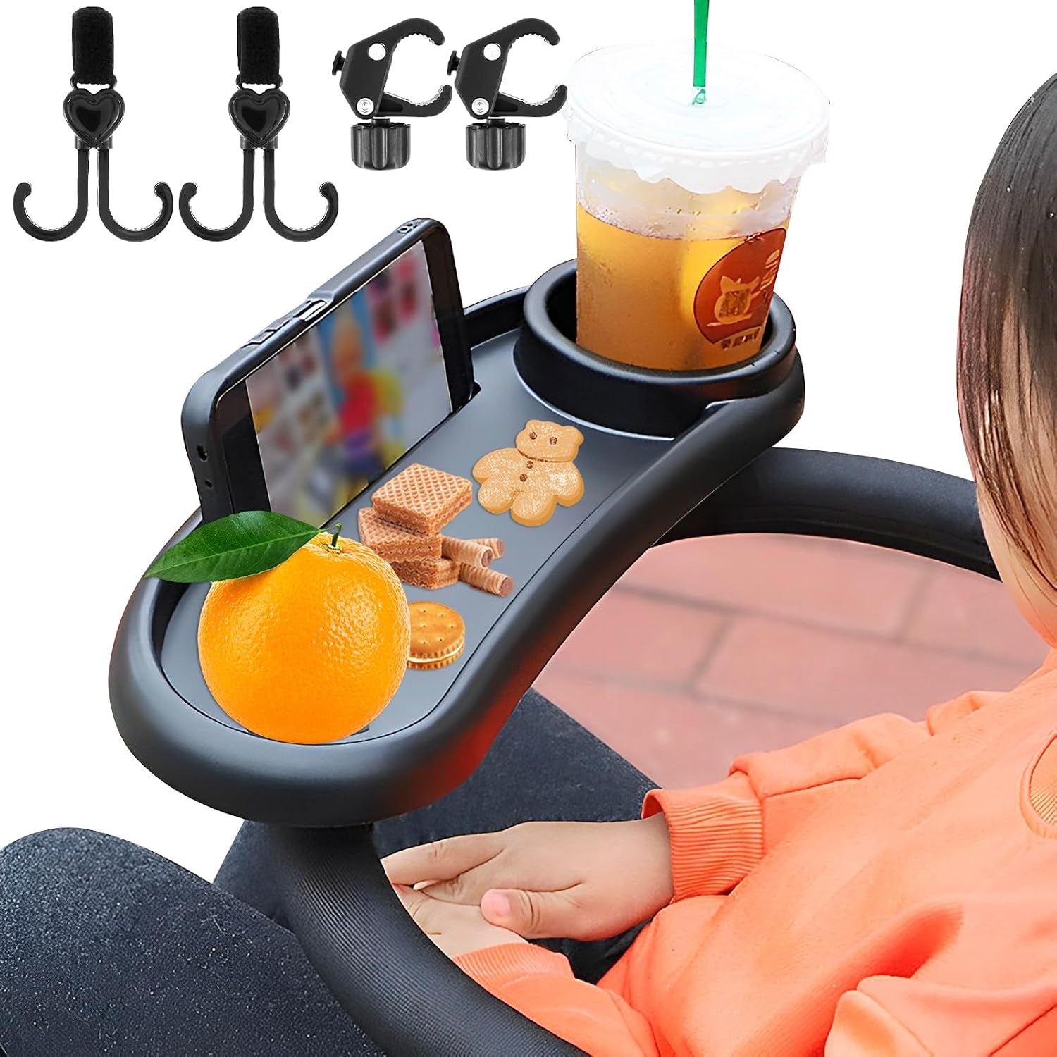 Stroller Snack Tray with Cup Holder Universal Child Snack Tray Removable Multifunction Stroller Organizer with Adjustable Buckle and Hooks Reusable Stroller Snacks Holder for Strollers