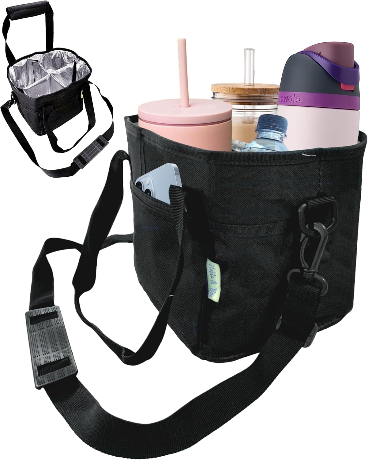 4 Water Bottle Holder with Strap | Family Size 4 Compartment Drink Bag, Multiple Tumbler Carrier Caddy | Adjustable Fits Large & Small Drinks | Hands Free, Won'T Tip over in Car