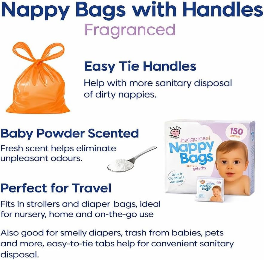 150Pcs Fragranced Nappy Disposable Bags with Tie Handle Antibacterial Nappy Sacks Fragranced for Eliminate Odour Leakproof Bags Essentials for Newborn and Young Babies Travel or Home Use