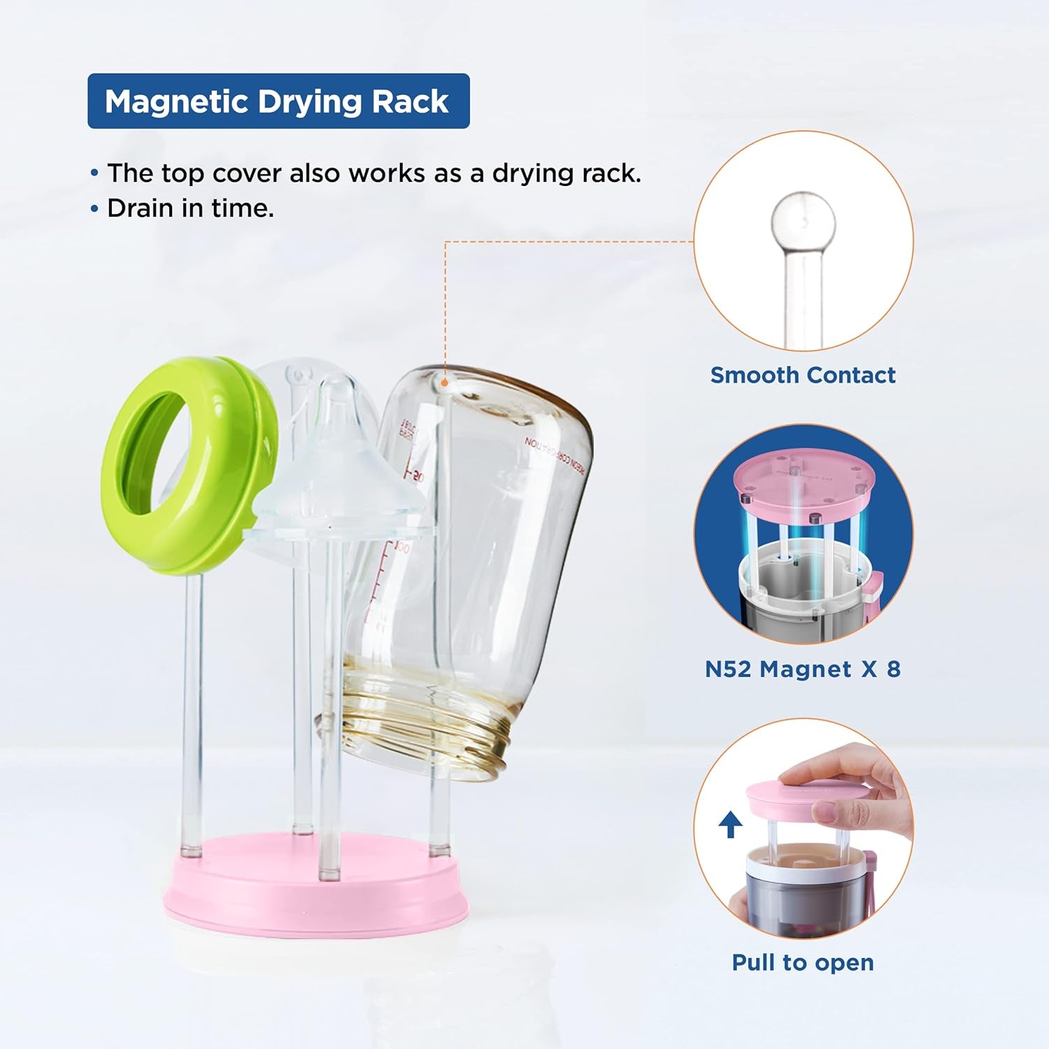 Travel Baby Bottle Brush Set with Portable Silicone Bottle Brush, Nipple Cleaner Brush, Straw Brush, Soap Dispenser and Bottle Drying Rack, Pink