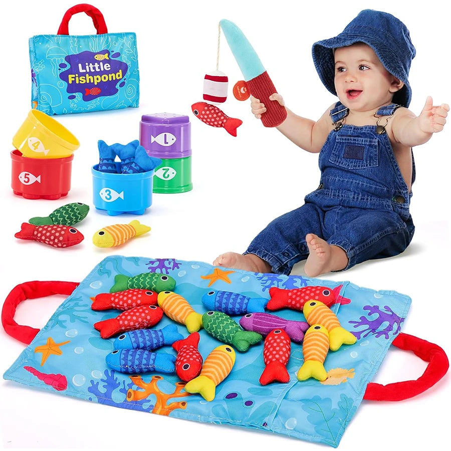 Toddler Toys Montessori Toys for Baby 10 in 1 Cloth Fishing Game Toys with Stacking Cups Number Counting Color Sorting Learning