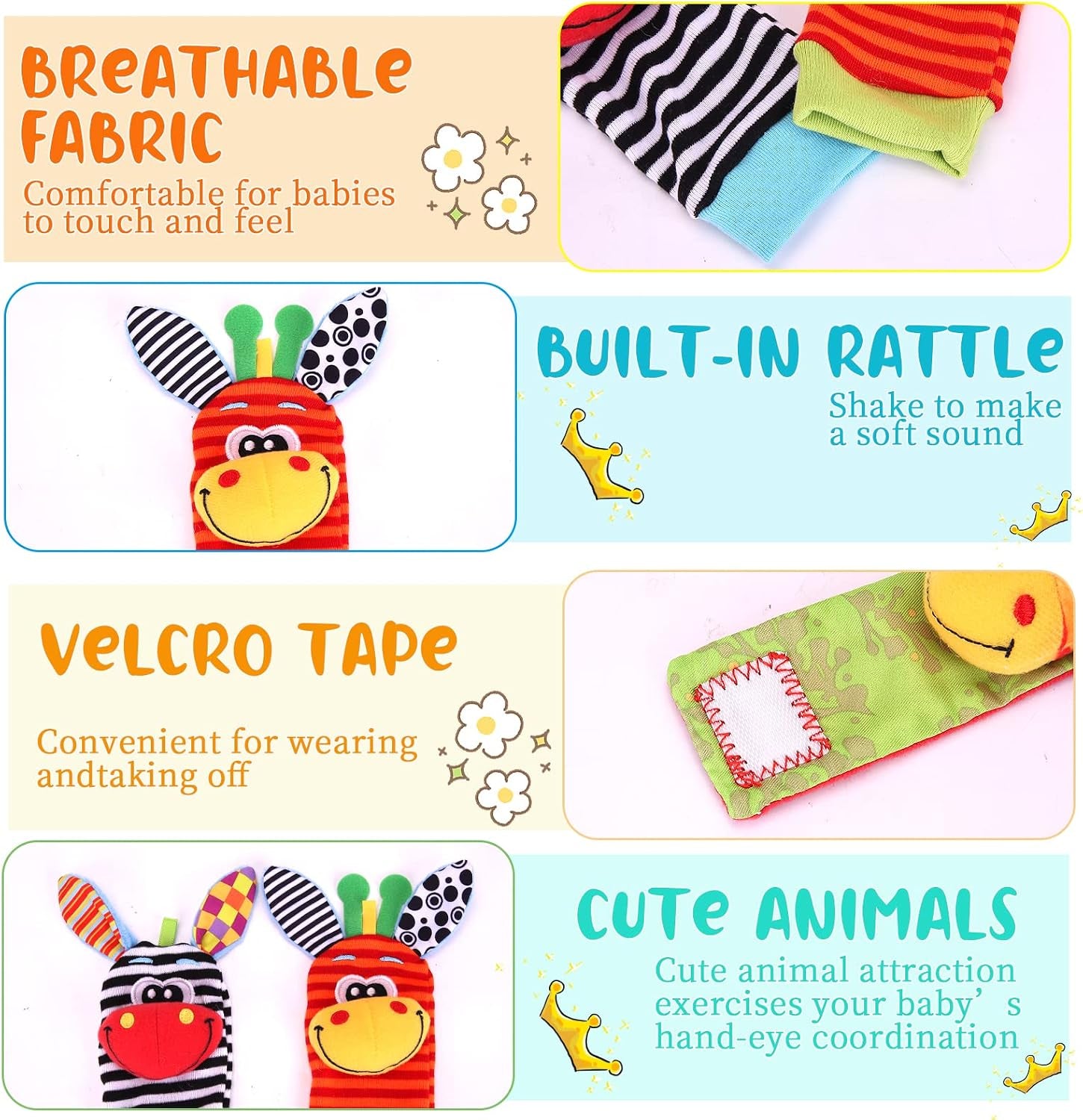 Cute Animal Wrist Rattles & Foot Finder Socks for Babis Soft Baby Arm Hand Bracelet Wristband Rattle Feet Leg Ankle Socks Newborn Toys for Baby Girls Boys 0-3 3-6 6-9 9-12 12-36 Months