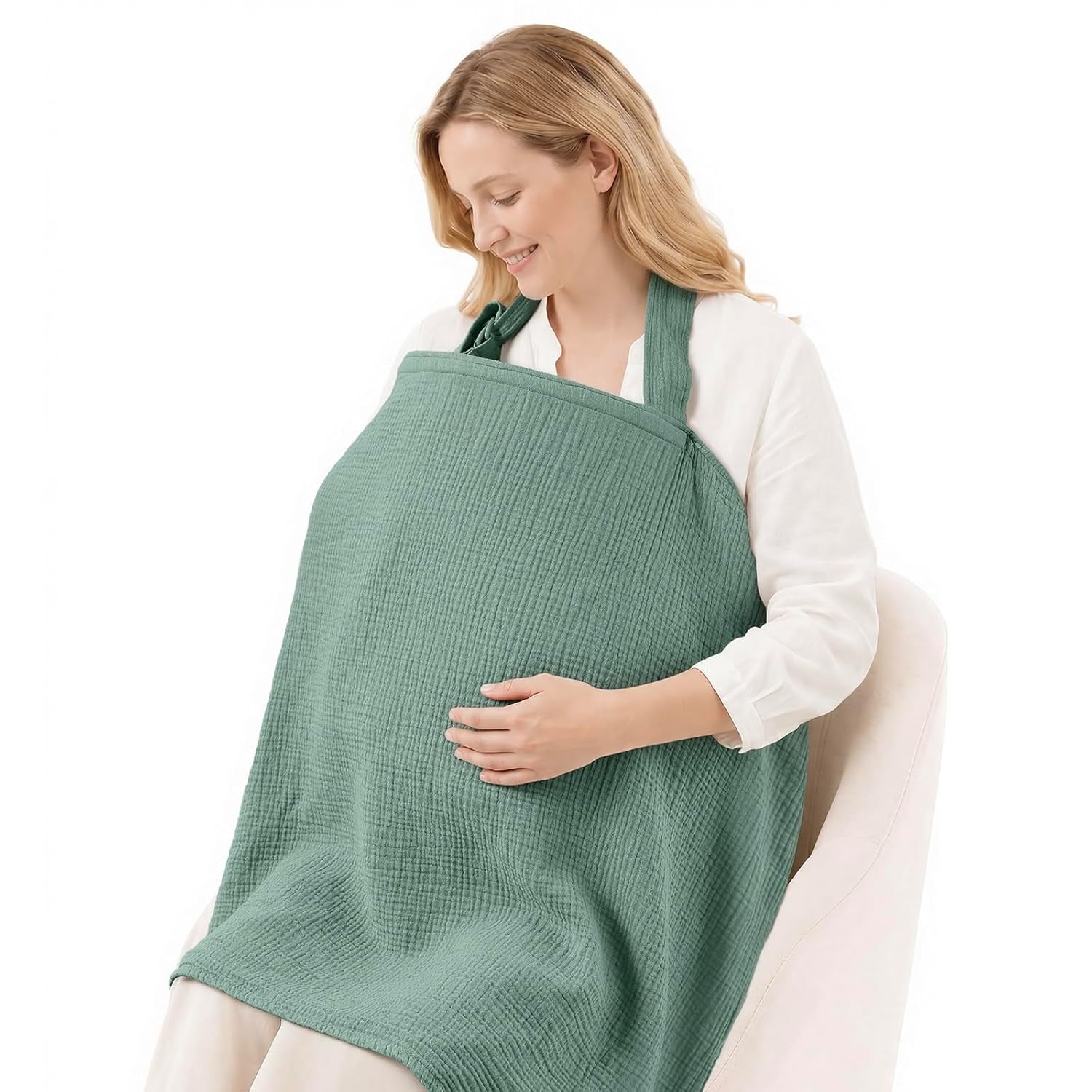 Muslin Nursing Cover for Breastfeeding, Breathable Breastfeeding Cover up with Arch Neckline for Women, Nursing Apron (Roman Green)
