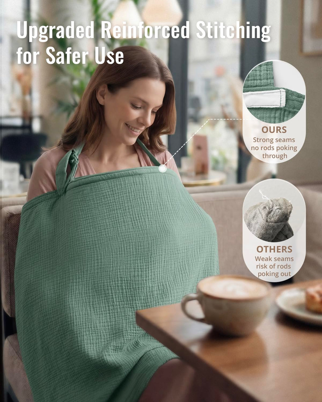 Muslin Nursing Cover for Breastfeeding, Breathable Breastfeeding Cover up with Arch Neckline for Women, Nursing Apron (Roman Green)