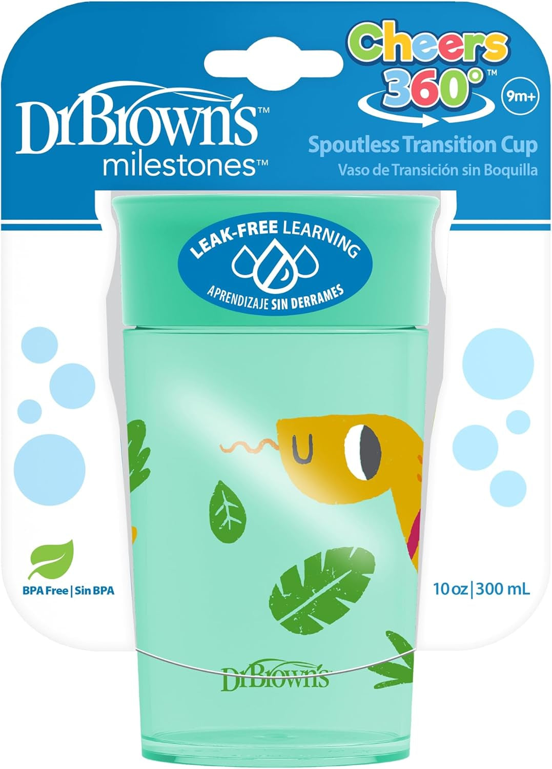 Milestones Cheers 360 Cup Spoutless Transition Cup, Travel Friendly & Leak-Free Sippy Cup, Green, Snake, 10Oz/300Ml