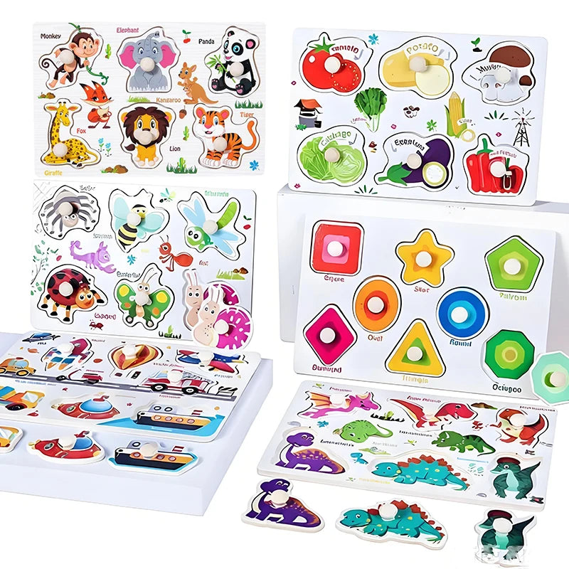 Baby Wooden Puzzles Montessori Toys 1 2 3 Years Toddler Toys Hand Grab Board Alphabet Number Cognition Learning Educational Toys
