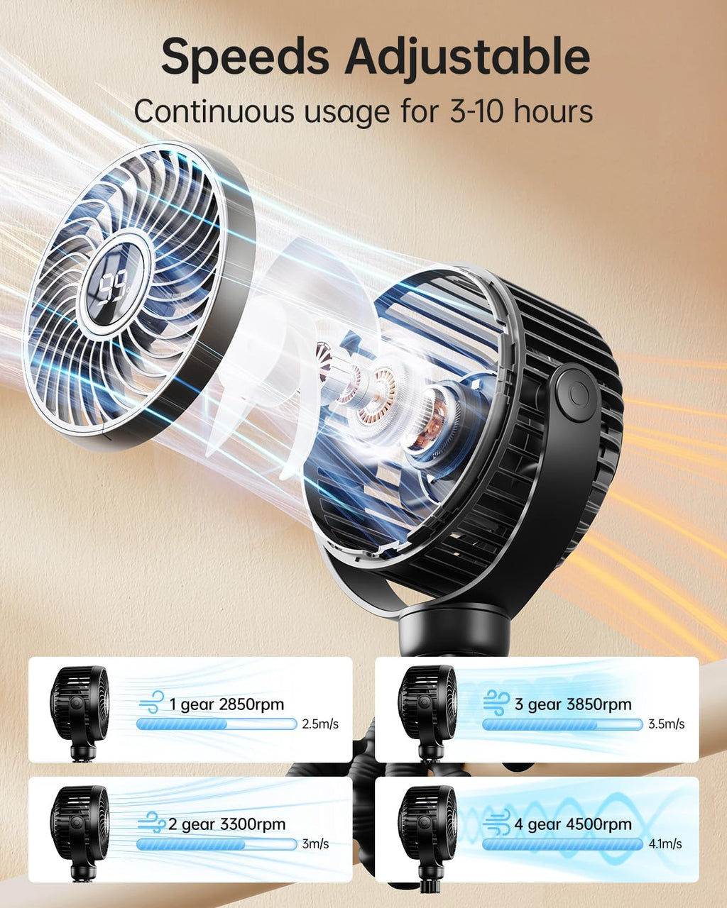 Mini Portable Pram Fan, Rechargeable Clip on Fan for Stroller, Digital Display & Night Light, 4 Speeds, 360° Rotate Flexible Tripod Cooling for Buggy, Pushchair, Car Seat, Travel (Black)