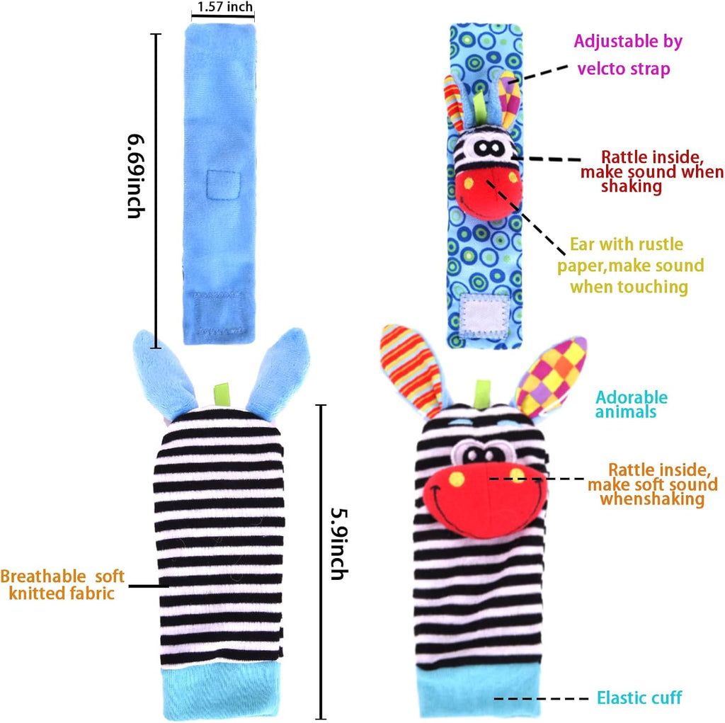 Cute Animal Wrist Rattles & Foot Finder Socks for Babis Soft Baby Arm Hand Bracelet Wristband Rattle Feet Leg Ankle Socks Newborn Toys for Baby Girls Boys 0-3 3-6 6-9 9-12 12-36 Months