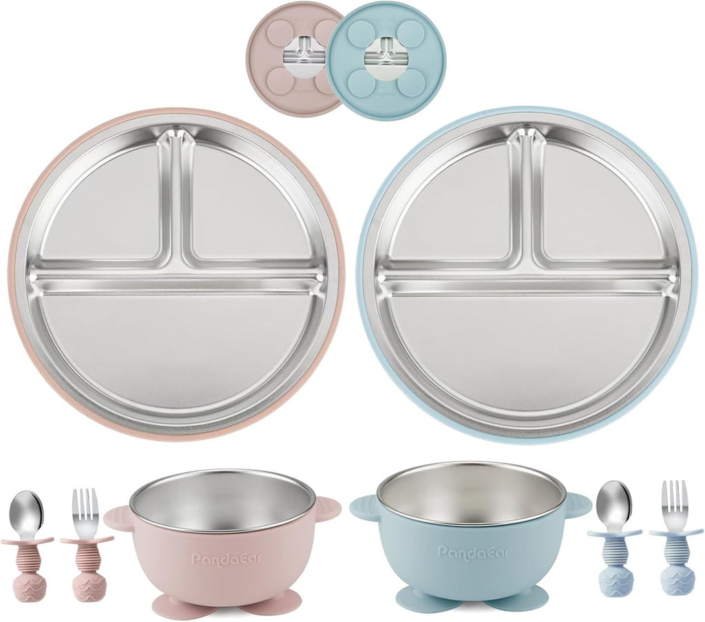 8 Pack Stainless Steel Baby Feeding Set, 2 Baby Suction Plates & 2 Toddler Bowls & 2 Spoons and Forks Set, Toddler Utensils, Divided Plates for Led Weaning Supplies, Bpa-Free, Pink & Blue