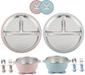 8 Pack Stainless Steel Baby Feeding Set, 2 Baby Suction Plates & 2 Toddler Bowls & 2 Spoons and Forks Set, Toddler Utensils, Divided Plates for Led Weaning Supplies, Bpa-Free, Pink & Blue