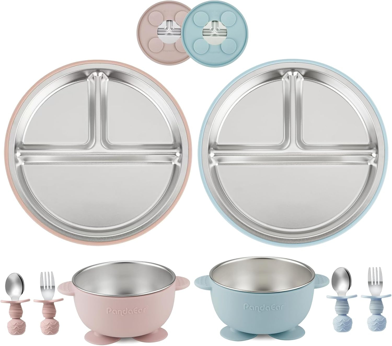 8 Pack Stainless Steel Baby Feeding Set, 2 Baby Suction Plates & 2 Toddler Bowls & 2 Spoons and Forks Set, Toddler Utensils, Divided Plates for Led Weaning Supplies, Bpa-Free, Pink & Blue
