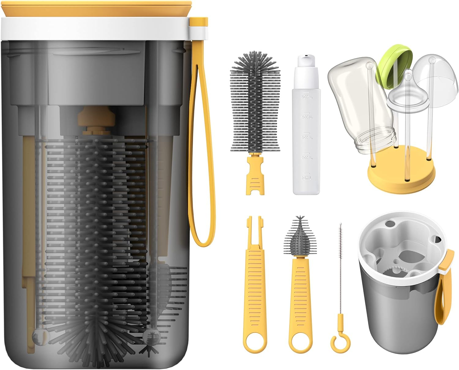 Travel Baby Bottle Brush Set with Portable Silicone Bottle Brush, Nipple Cleaner Brush, Straw Brush, Soap Dispenser and Bottle Drying Rack, Yellow