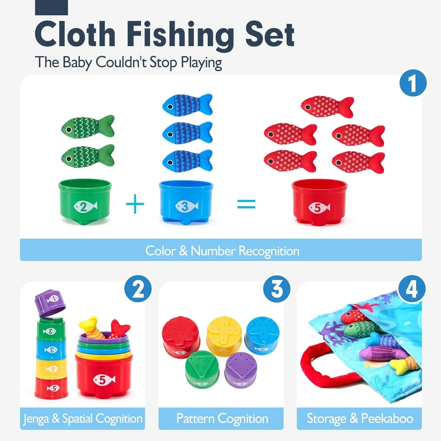 Toddler Toys Montessori Toys for Baby 10 in 1 Cloth Fishing Game Toys with Stacking Cups Number Counting Color Sorting Learning