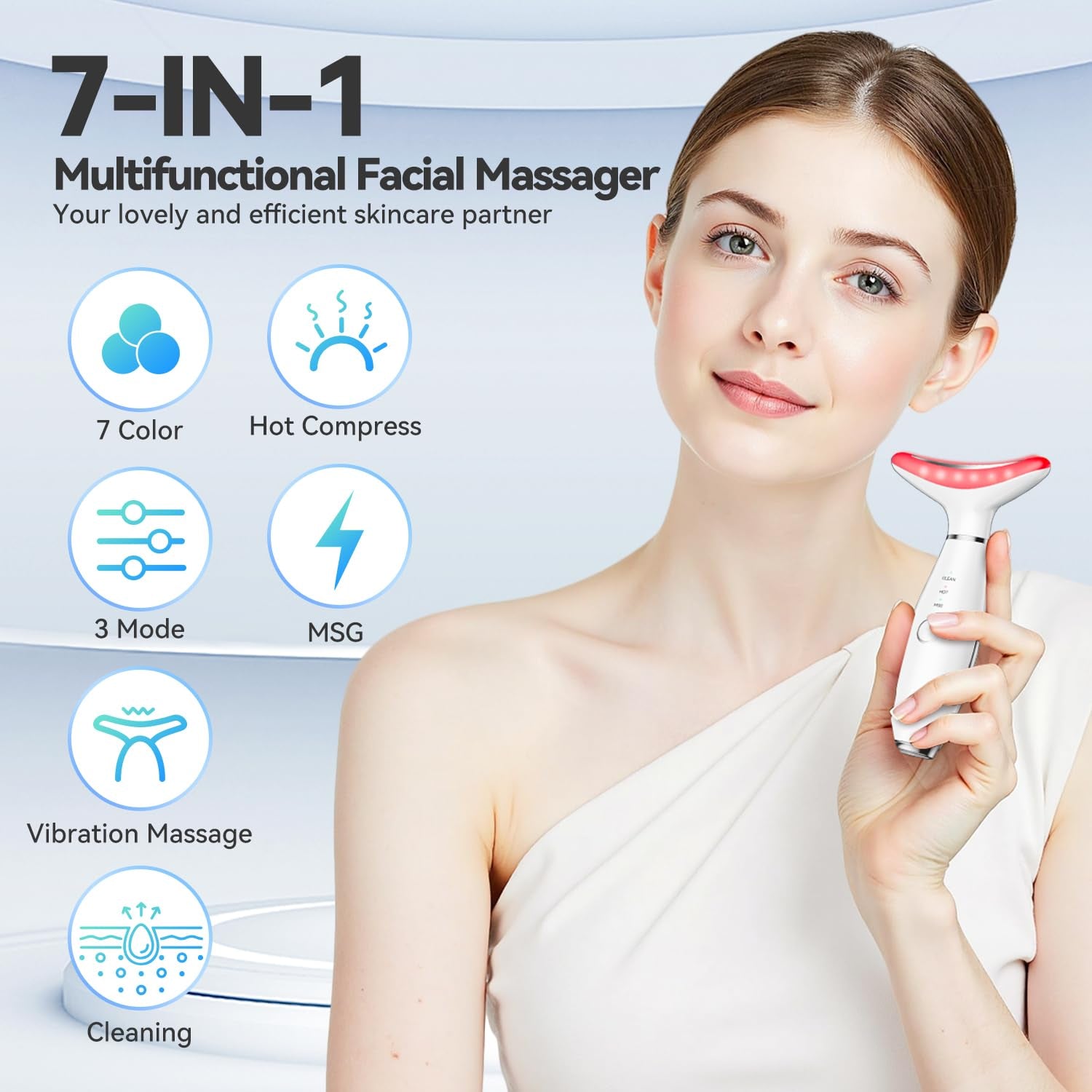 Revitalize Your Skin with the 7 Color Neck Face Massager Tool - Ultimate Facial Massager for At-Home Skin Care and Sculpting (White)