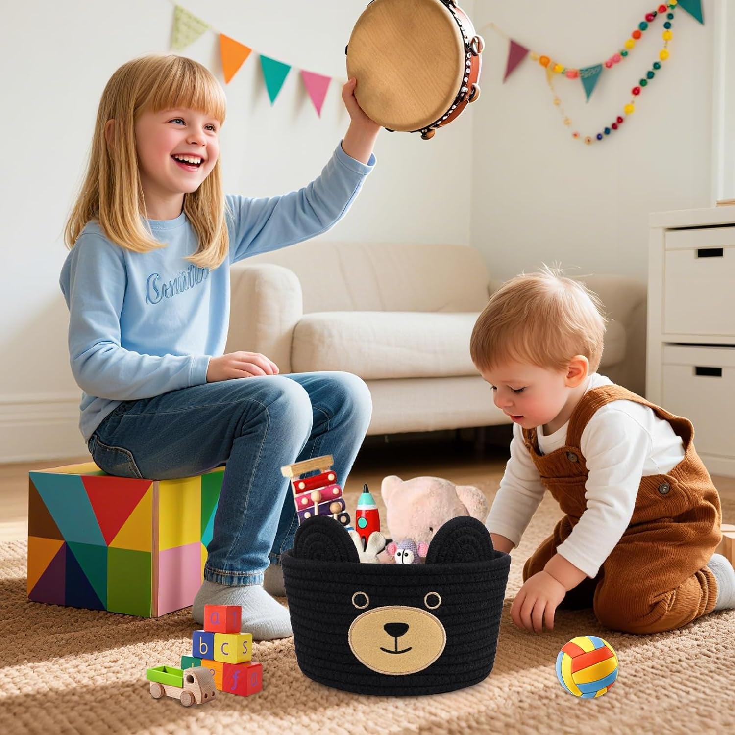 Cute Black Bear Basket for Nursery- Small Animal Gift Basket,Soft Woven Rope Cotton Storage, Shower Baby Towel 0Rganizer with Bear Ears, Candy Blanket Towel Decor Storage Bin, 8.2"D X 4.7"H IN