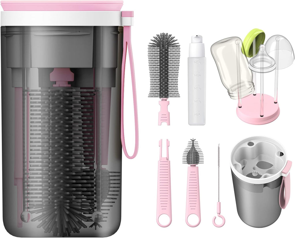 Travel Baby Bottle Brush Set with Portable Silicone Bottle Brush, Nipple Cleaner Brush, Straw Brush, Soap Dispenser and Bottle Drying Rack, Pink