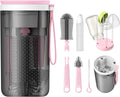 Travel Baby Bottle Brush Set with Portable Silicone Bottle Brush, Nipple Cleaner Brush, Straw Brush, Soap Dispenser and Bottle Drying Rack, Pink