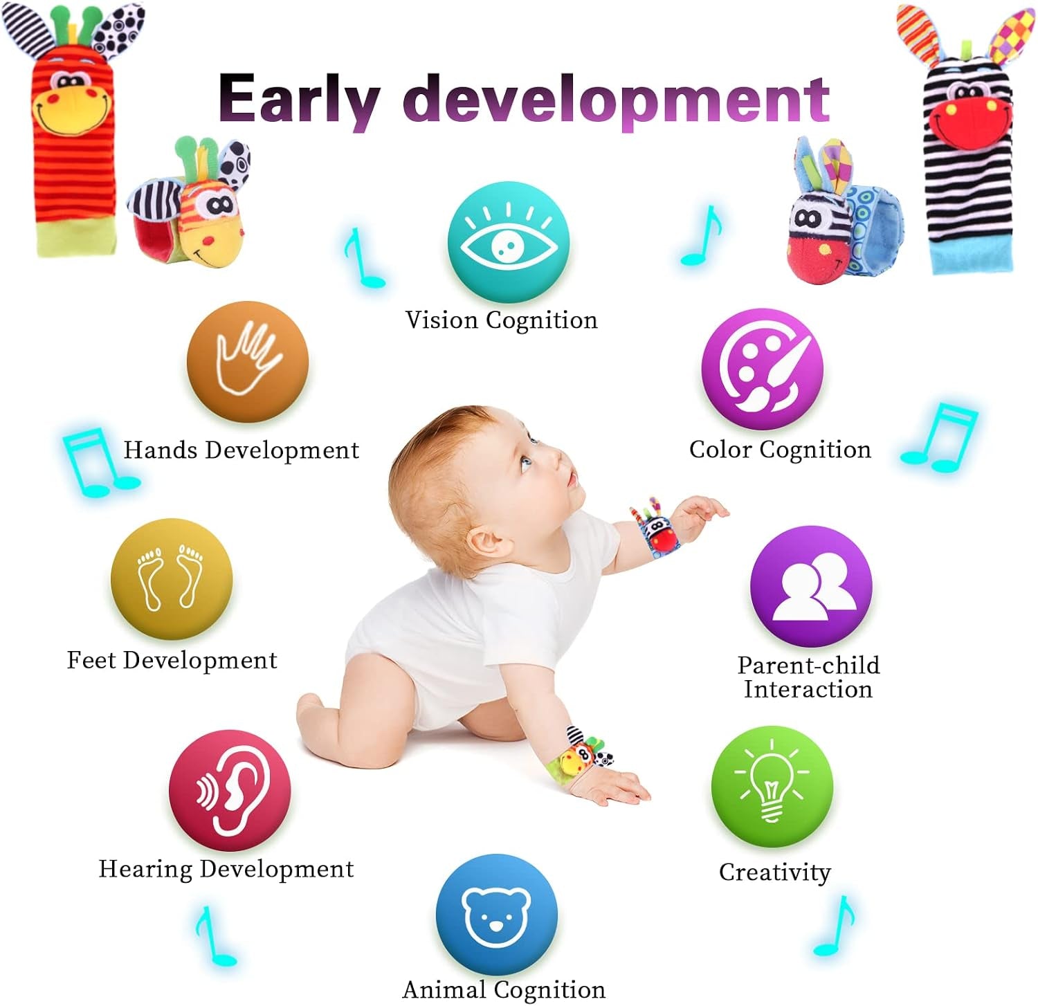 Cute Animal Wrist Rattles & Foot Finder Socks for Babis Soft Baby Arm Hand Bracelet Wristband Rattle Feet Leg Ankle Socks Newborn Toys for Baby Girls Boys 0-3 3-6 6-9 9-12 12-36 Months