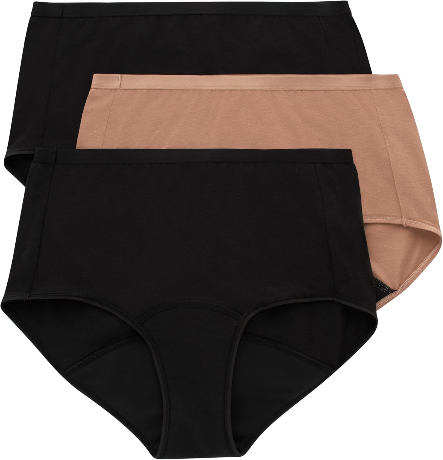Experience Ultimate Comfort with Hanes Women's 3-Pack Bikini Period Underwear - Super Leak Protection in Black and Pecan