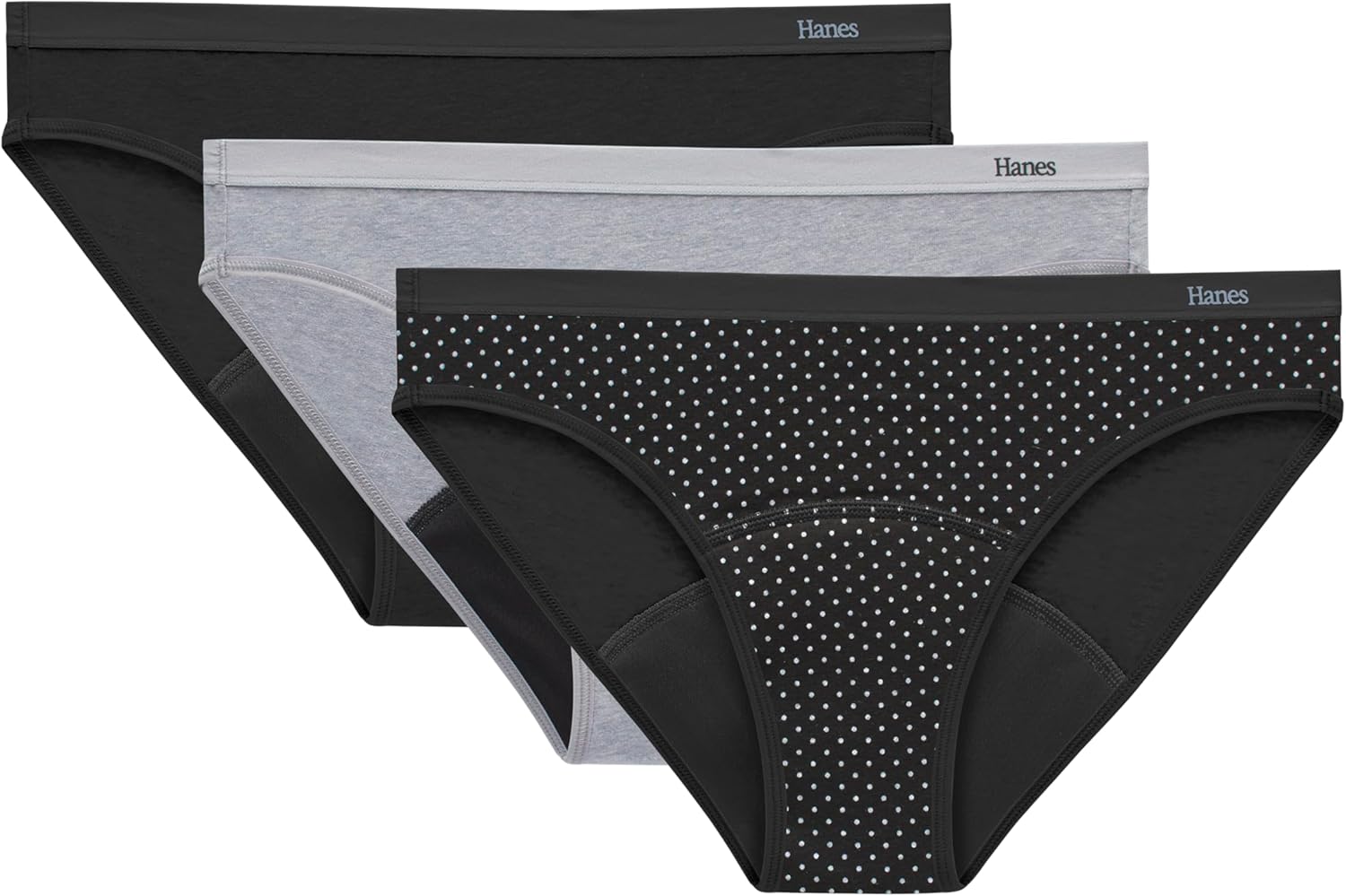 Experience Ultimate Comfort and Protection with Our Women's Bikini Period Underwear - 3-Pack in Stylish Black, Dot Print, and Concrete Heather
