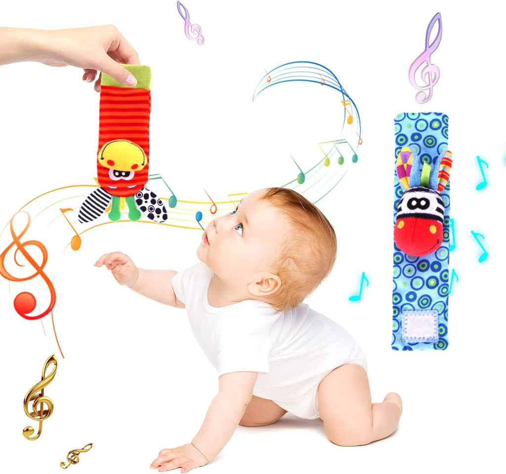 Cute Animal Wrist Rattles & Foot Finder Socks for Babis Soft Baby Arm Hand Bracelet Wristband Rattle Feet Leg Ankle Socks Newborn Toys for Baby Girls Boys 0-3 3-6 6-9 9-12 12-36 Months
