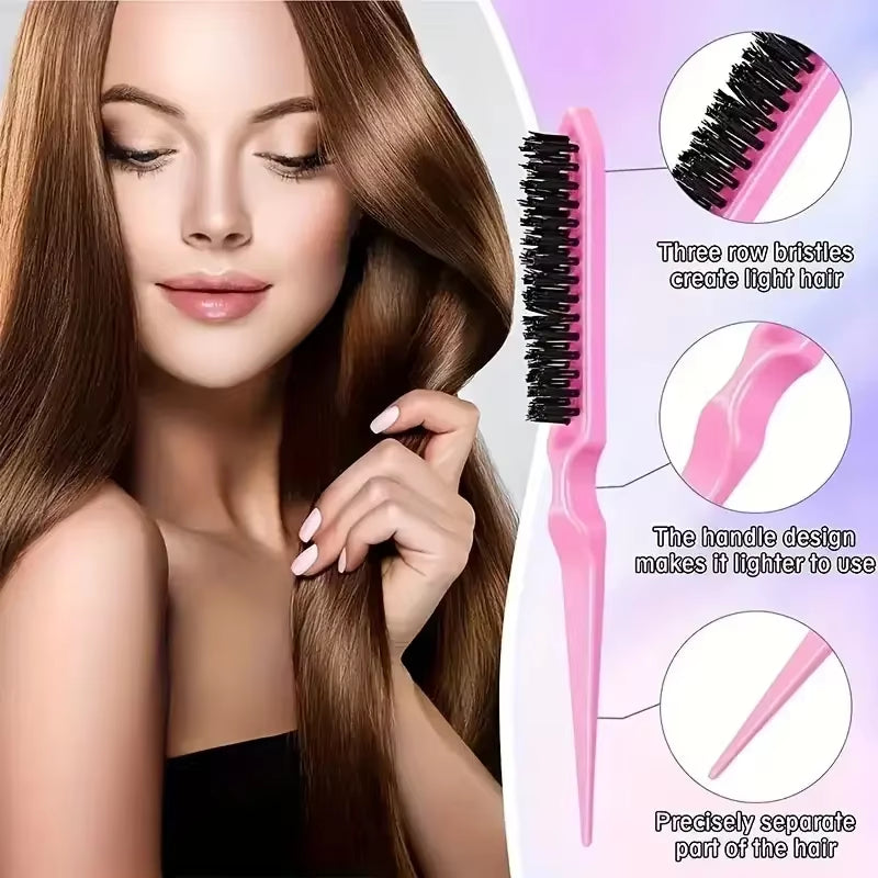 Professional Hairdressing Tool Set - 4 Piece Collection Including Spray Bottle, Rat Tail Comb, Teasing Brush, and Edge Control Comb for Hair Smoothing and Styling