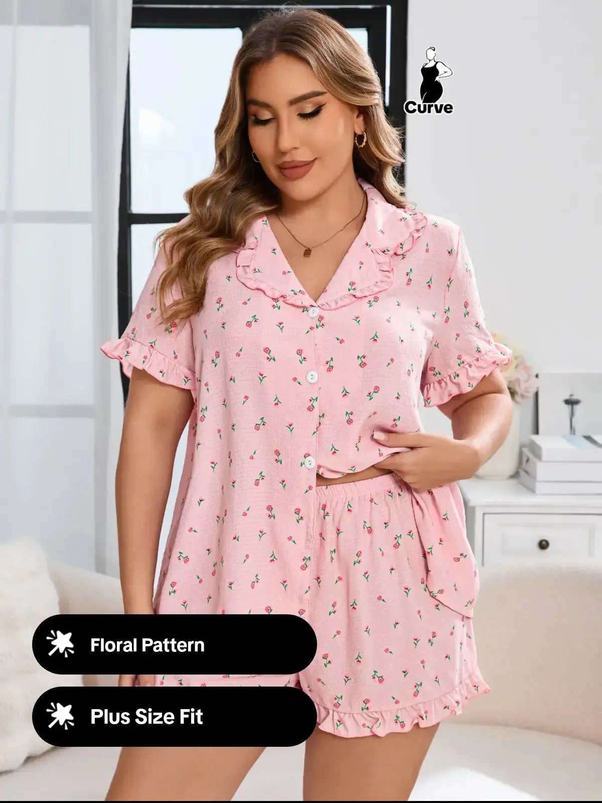 【Plus Size】All over Print Top & Shorts Pyjama Two-Piece Set, Pajama Set, Casual Comfy Short Sleeve Top & Shorts Set, Women'S Sleepwear for All Seasons