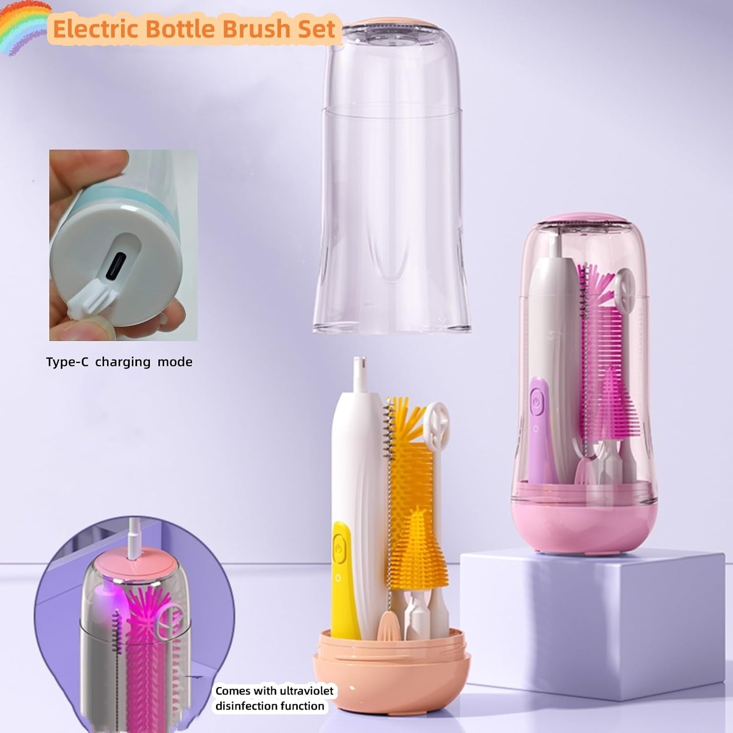 Travel Electric Baby Bottle Brush Set with Electric Bottle Cleaner and Water Bottle Brush and Nipple/Straw Brush,Milk Frother and Drying Rack(Yellow)