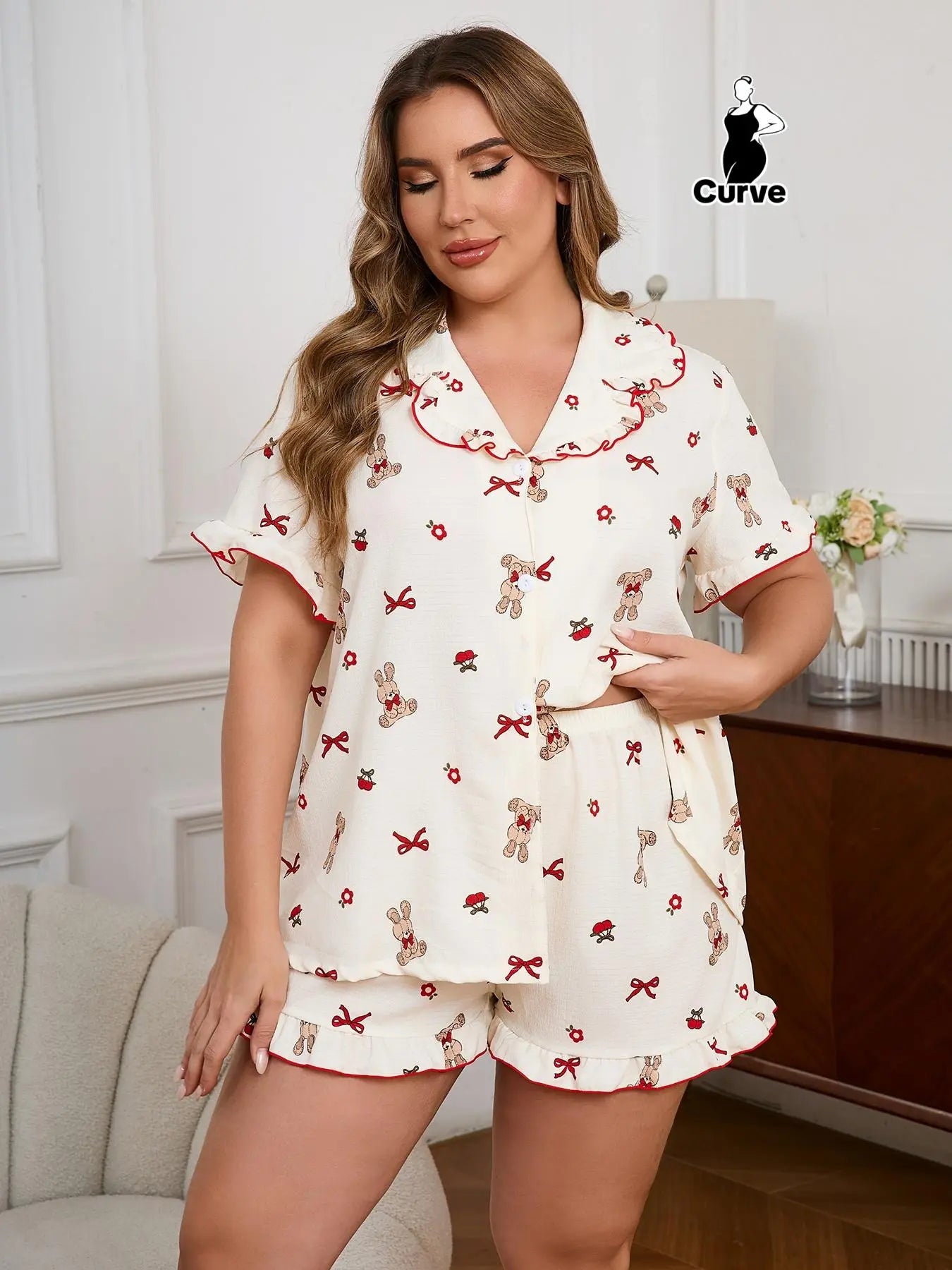【Plus Size】All over Print Top & Shorts Pyjama Two-Piece Set, Pajama Set, Casual Comfy Short Sleeve Top & Shorts Set, Women'S Sleepwear for All Seasons