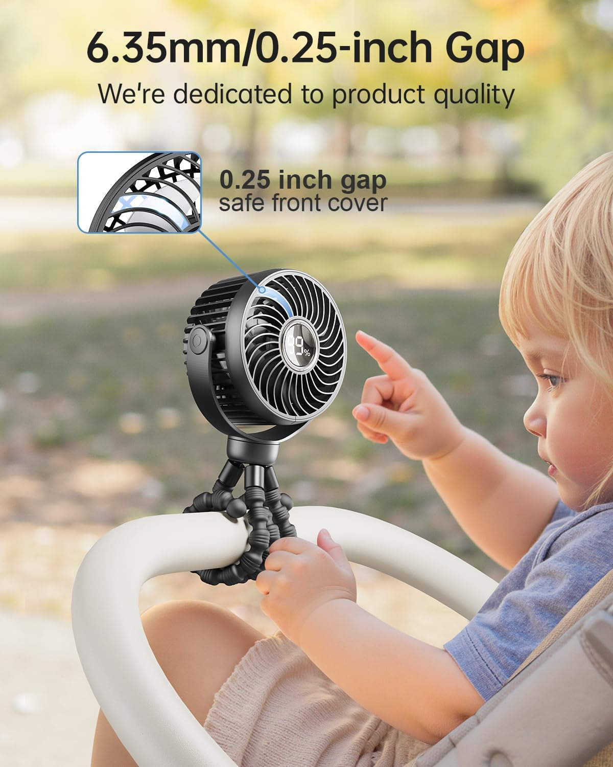 Mini Portable Pram Fan, Rechargeable Clip on Fan for Stroller, Digital Display & Night Light, 4 Speeds, 360° Rotate Flexible Tripod Cooling for Buggy, Pushchair, Car Seat, Travel (Black)