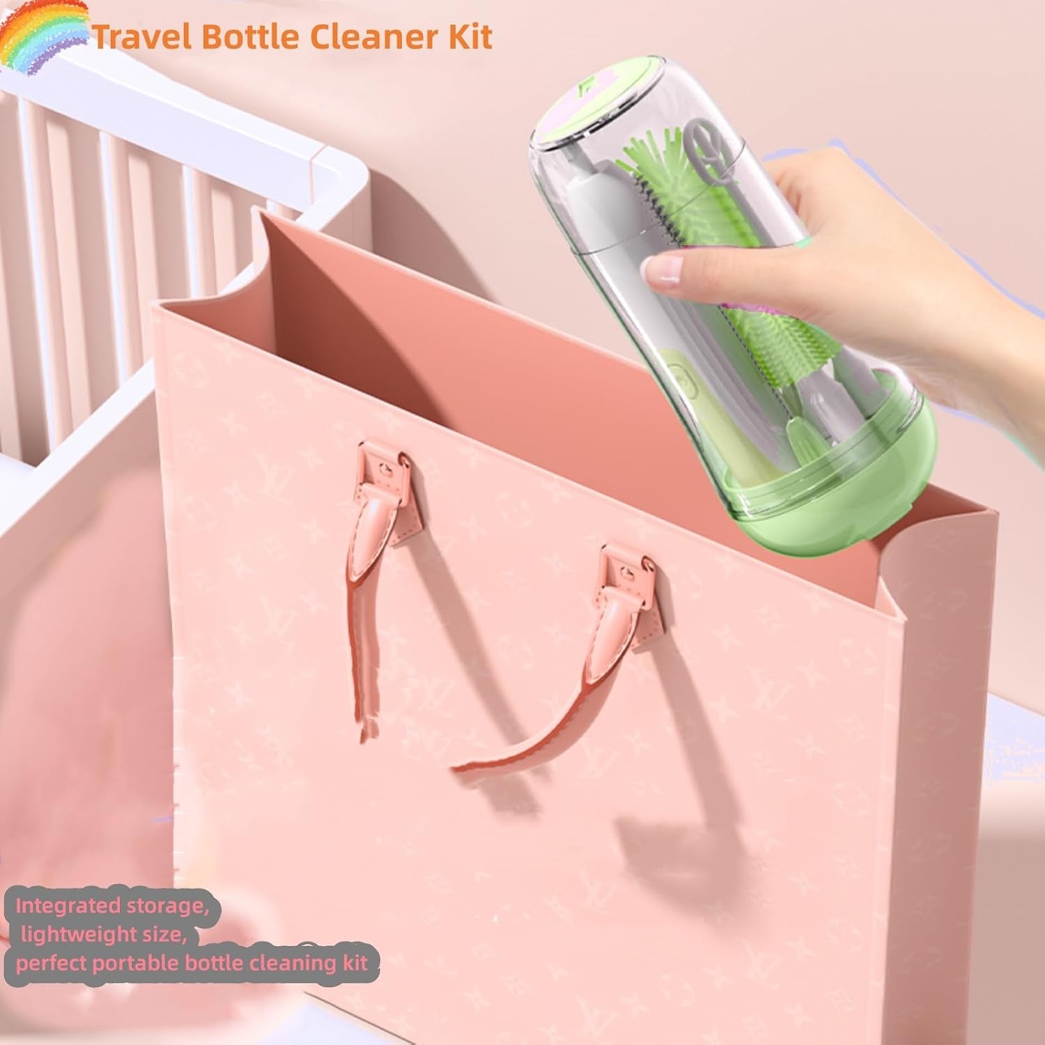 Travel Electric Baby Bottle Brush Set with Electric Bottle Cleaner and Water Bottle Brush and Nipple/Straw Brush,Milk Frother and Drying Rack(Yellow)