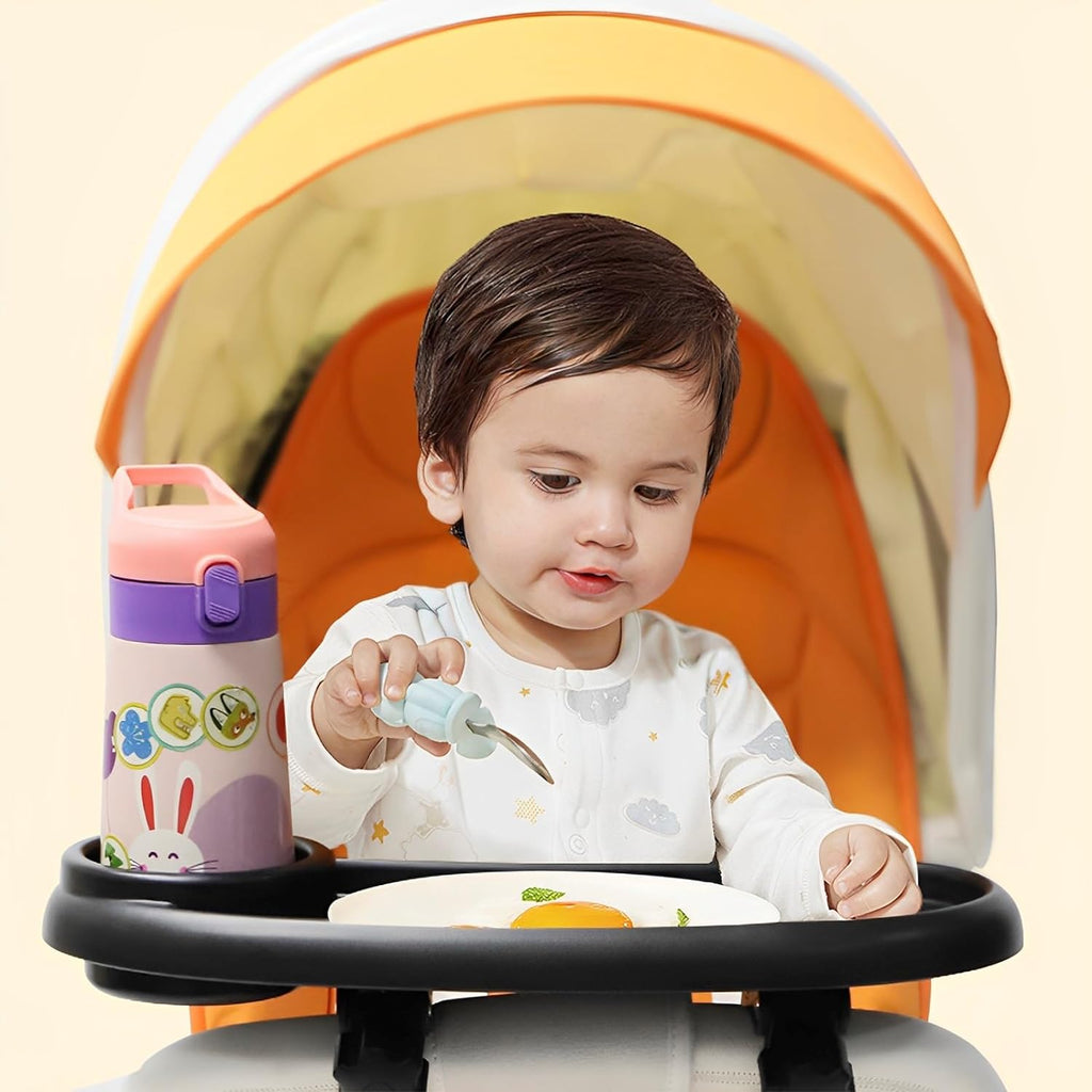 Stroller Snack Tray with Cup Holder Universal Child Snack Tray Removable Multifunction Stroller Organizer with Adjustable Buckle and Hooks Reusable Stroller Snacks Holder for Strollers