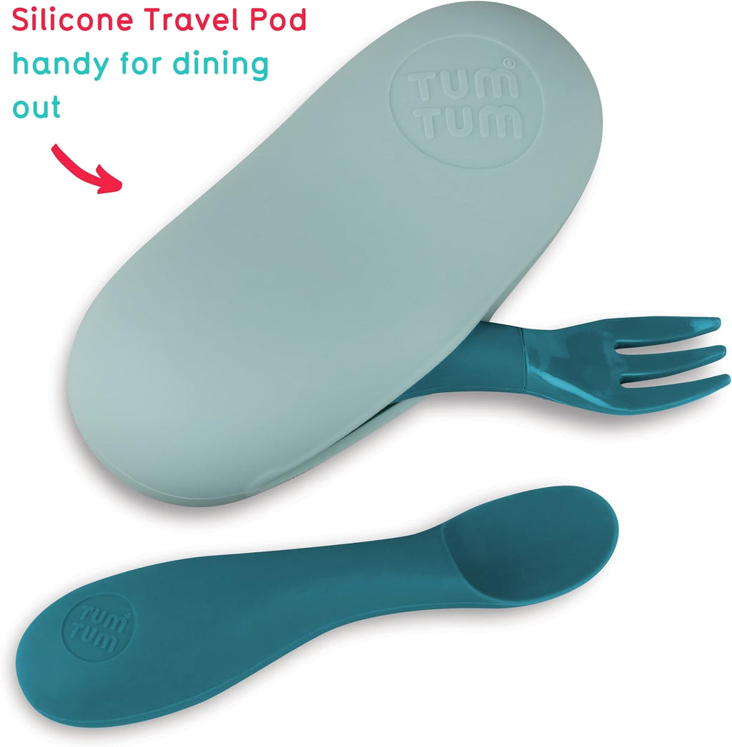 Silicone Baby Cutlery with Travel Case - Baby Spoon & Fork Set - Designed with Feeding Specialist - Baby Led Weaning Utensils - Dishwasher, Steriliser Friendly - BPA Free - 6M+, Blue