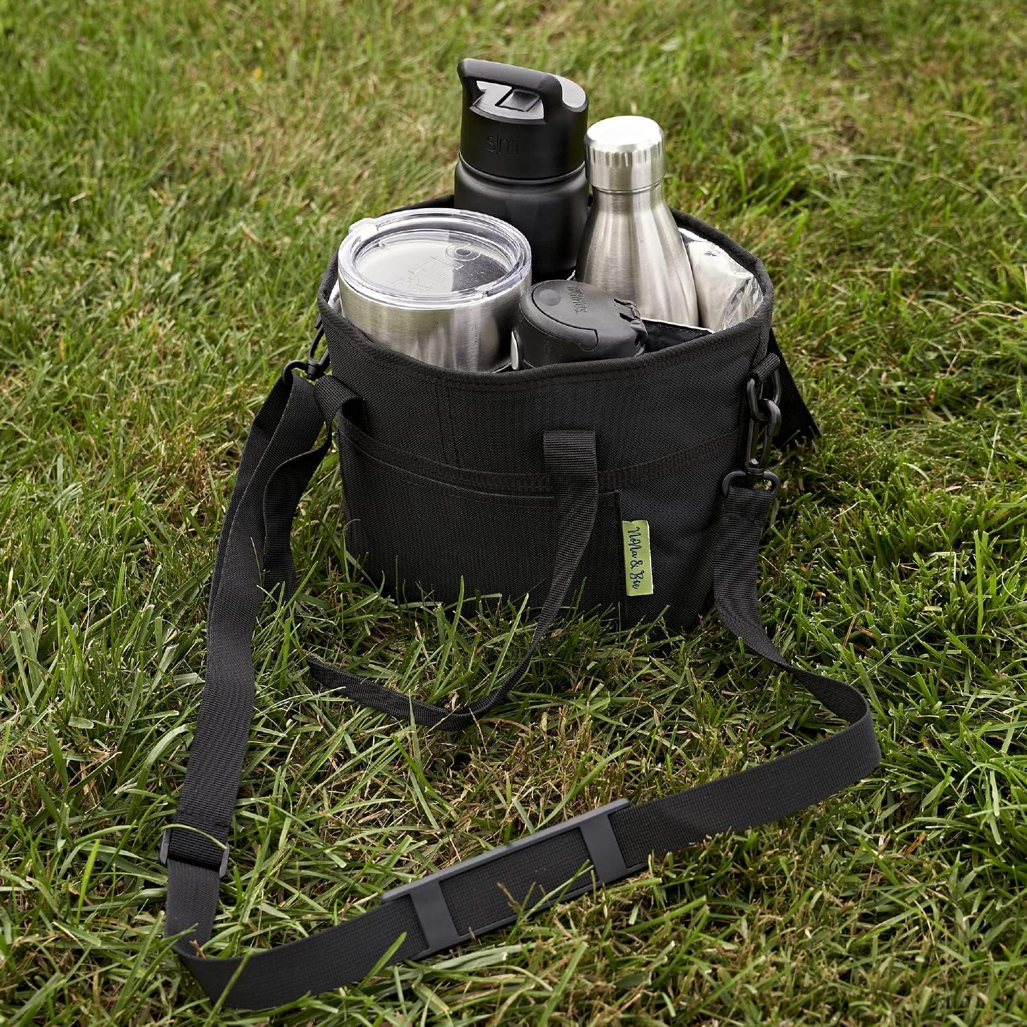 4 Water Bottle Holder with Strap | Family Size 4 Compartment Drink Bag, Multiple Tumbler Carrier Caddy | Adjustable Fits Large & Small Drinks | Hands Free, Won'T Tip over in Car