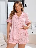 【Plus Size】All over Print Top & Shorts Pyjama Two-Piece Set, Pajama Set, Casual Comfy Short Sleeve Top & Shorts Set, Women'S Sleepwear for All Seasons