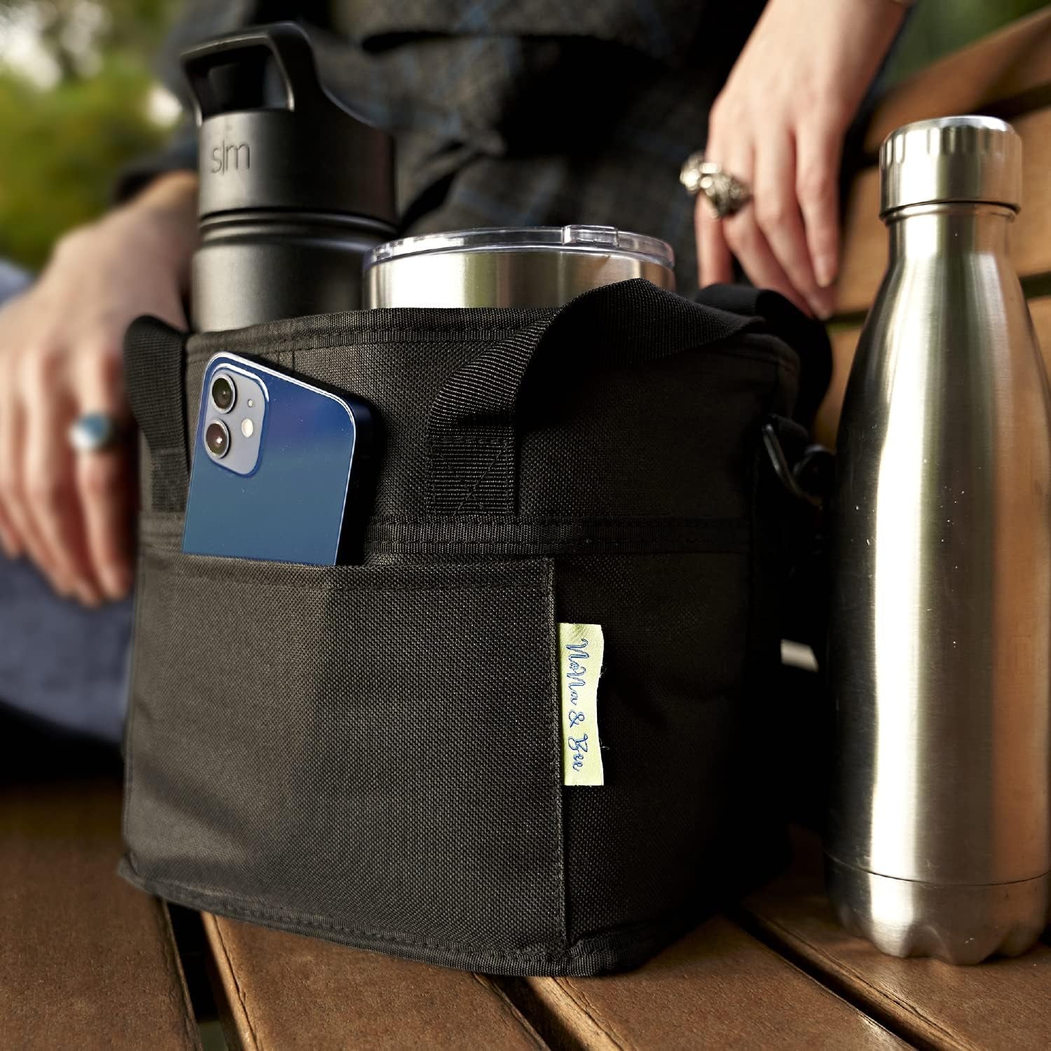 4 Water Bottle Holder with Strap | Family Size 4 Compartment Drink Bag, Multiple Tumbler Carrier Caddy | Adjustable Fits Large & Small Drinks | Hands Free, Won'T Tip over in Car