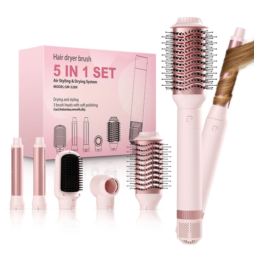 Detachable 5-in-1 Hair Dryer Brush | Fast Drying, Auto Curling & Smoothing – Complete Home Salon Styling Kit