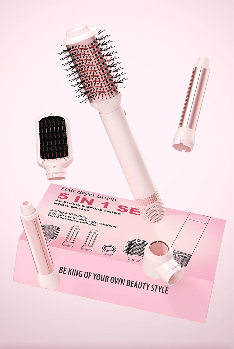 Detachable 5-in-1 Hair Dryer Brush | Fast Drying, Auto Curling & Smoothing – Complete Home Salon Styling Kit