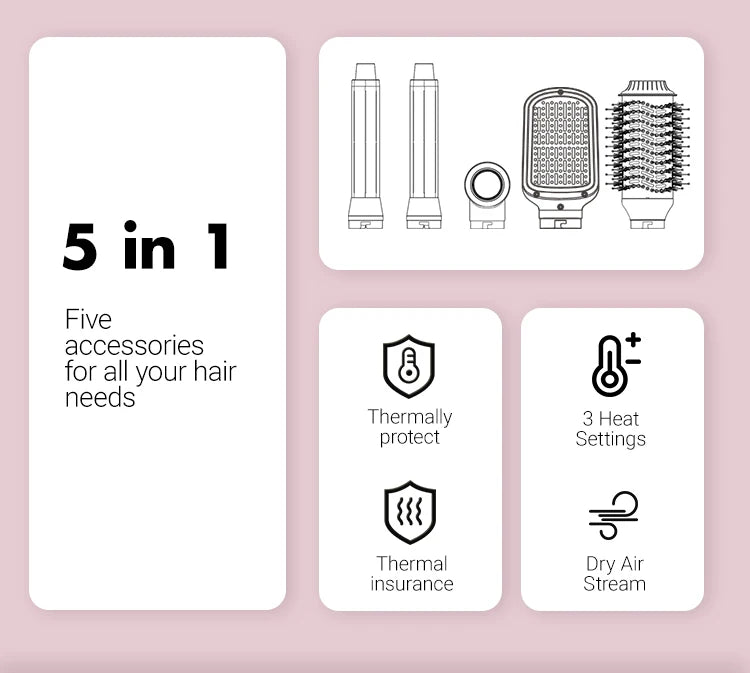 Detachable 5-in-1 Hair Dryer Brush | Fast Drying, Auto Curling & Smoothing – Complete Home Salon Styling Kit