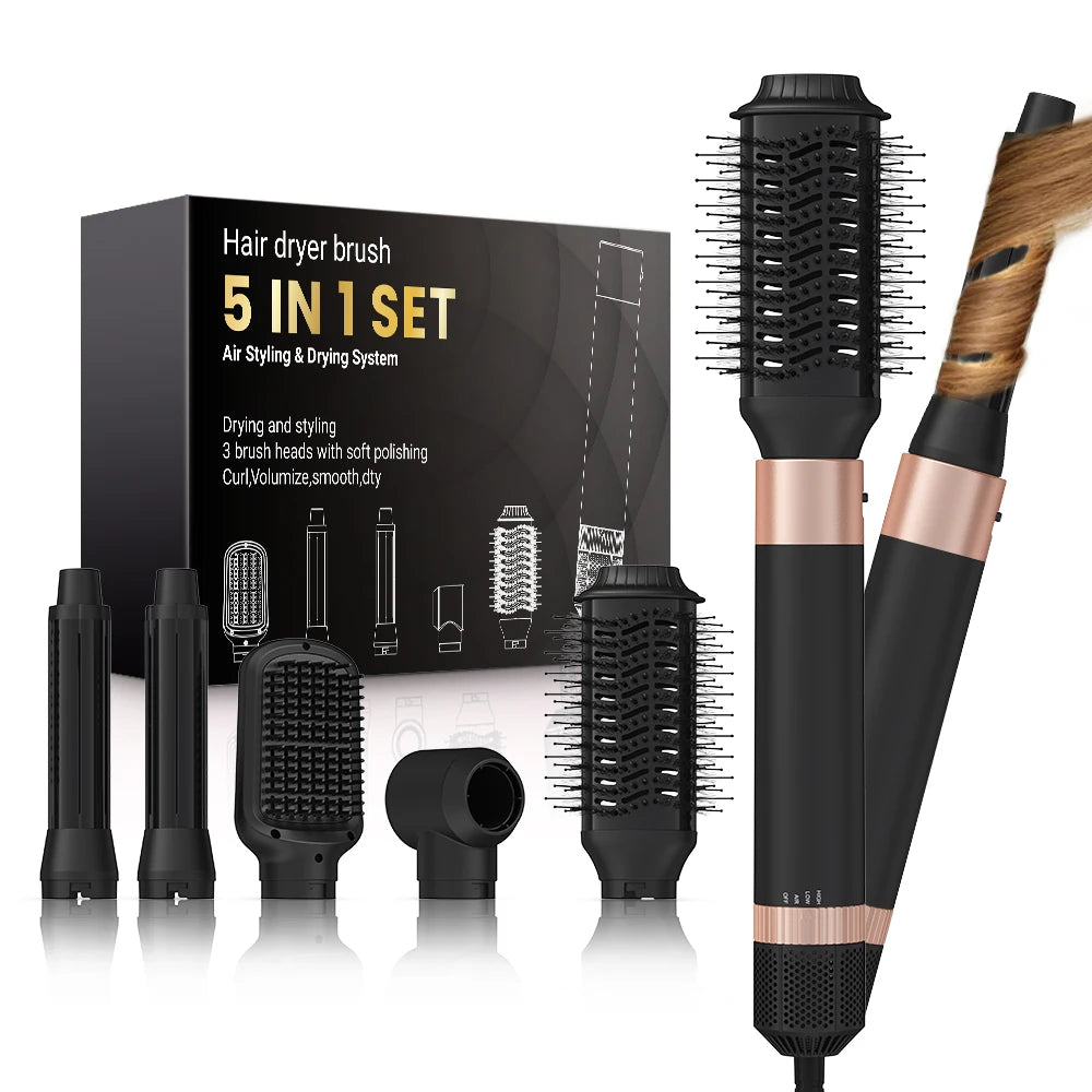 Detachable 5-in-1 Hair Dryer Brush | Fast Drying, Auto Curling & Smoothing – Complete Home Salon Styling Kit