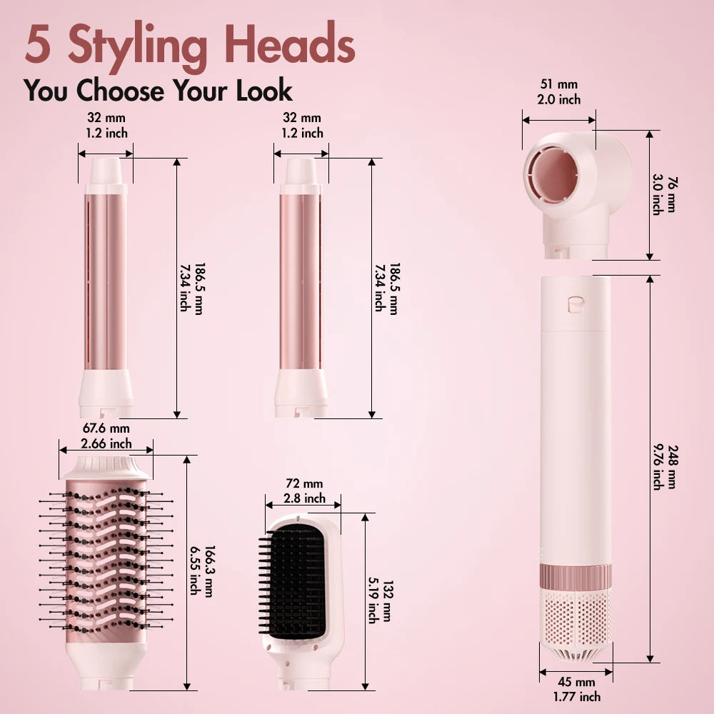 Detachable 5-in-1 Hair Dryer Brush | Fast Drying, Auto Curling & Smoothing – Complete Home Salon Styling Kit